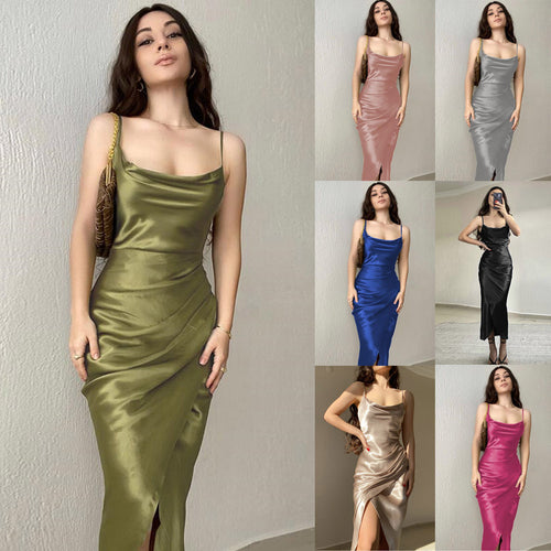 Elegant Maxi Dress for Women with Refined Draped Cut and Chic Thin Spaghetti Straps