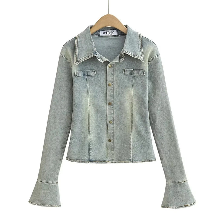 Jean shirt for women with fashionable bell sleeves and chic patch pockets