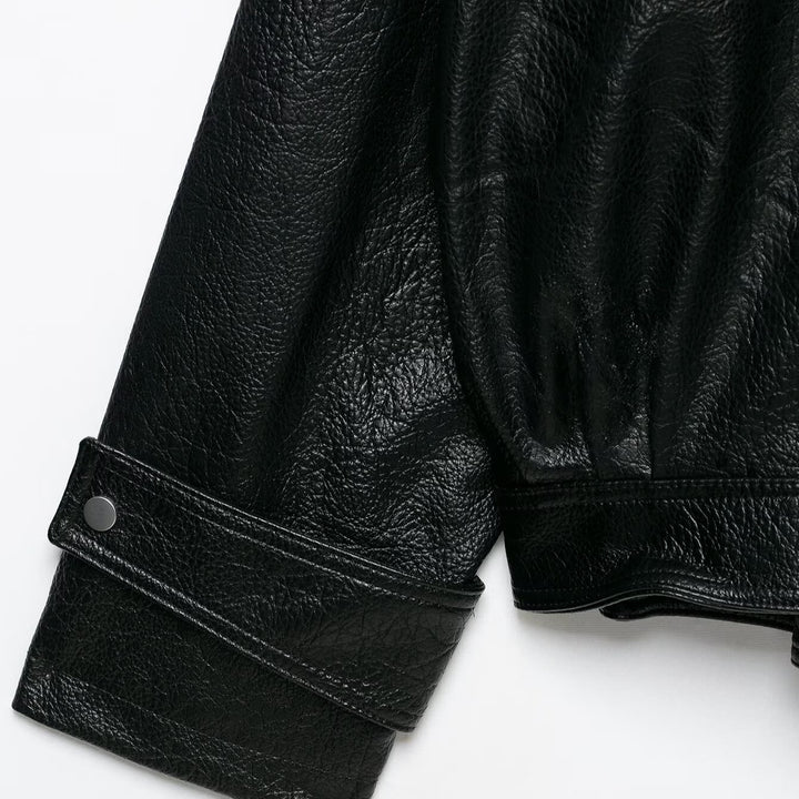 Women's Oversized Faux Leather Jacket with High Stand-Up Collar and Zipper Pockets Amarae