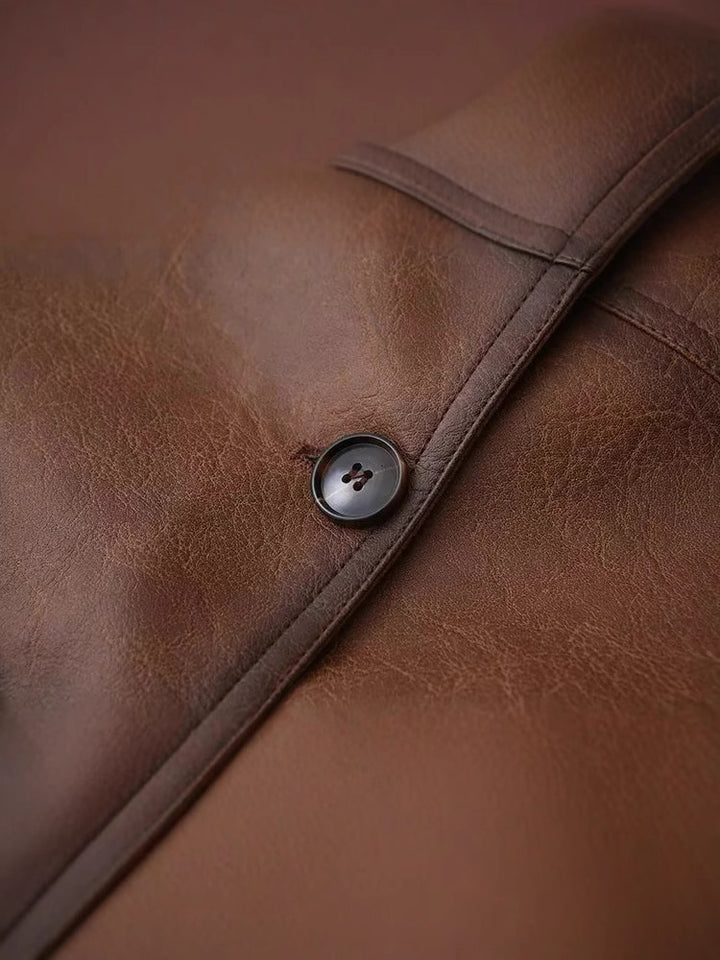Ladies cropped leather jacket with practical chest pockets and Lune London button details