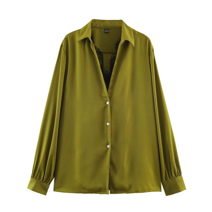 Women's Silky Oversized Blouse with Lace Insert and Shirt Collar Amarae