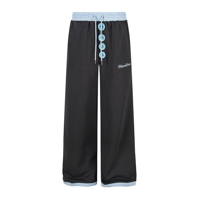Women Wide Lounge Pants with Decorative Button Placket, High Waist and Drawstring Amarae
