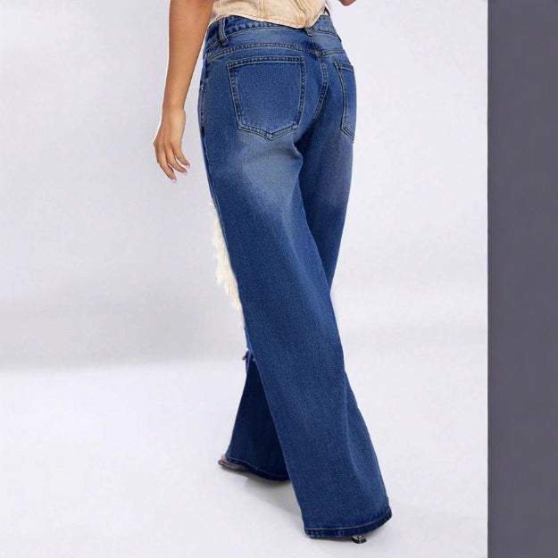 Women's extra-wide destroyed denim jeans with large knee cutouts and high waist Amarae