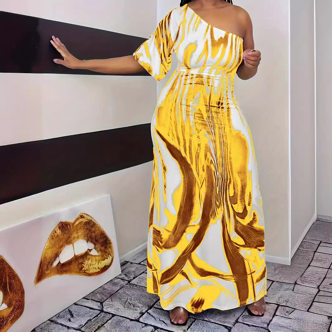 Maxi dress for women with asymmetric cut and elegant pattern Lune London