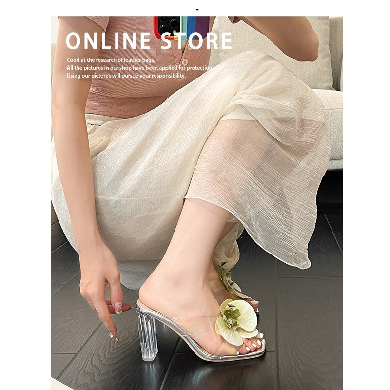 Women transparent Mules with elegant floral decoration and high heel Lune London