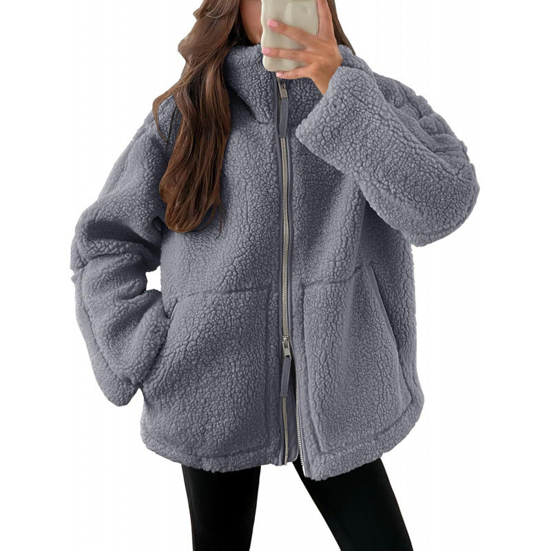 Ladies Cozy Teddy Fur Jacket with High Collar and Zipper Lune London