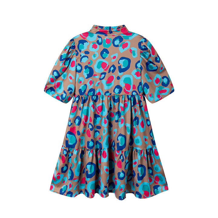 Short ruffled fluid dress for women with colorful print Lune London