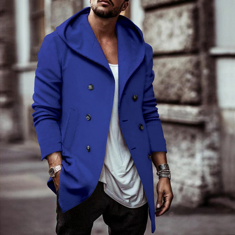 Elegant men's hoodie coat with double row of buttons and wide collar Lune London