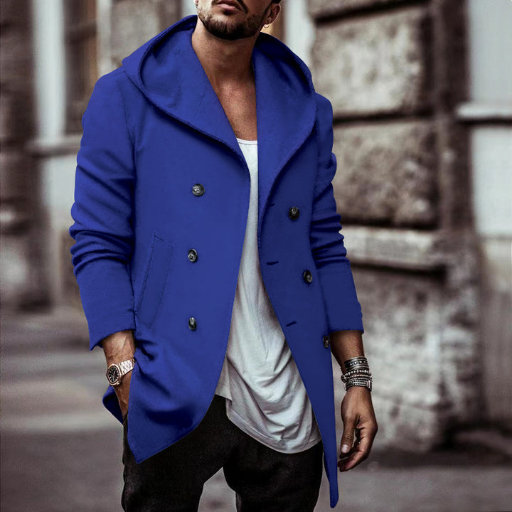Elegant men's hoodie coat with double row of buttons and wide collar Lune London