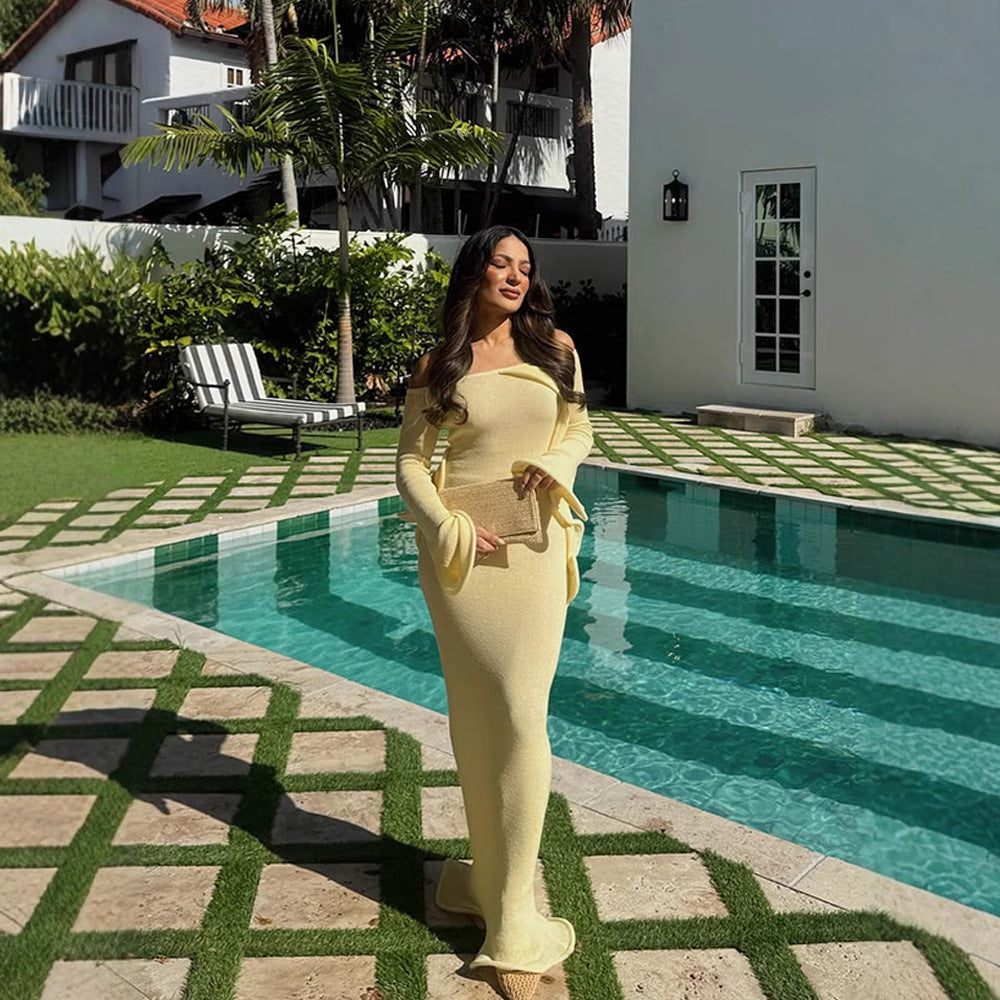 Women's Figure-Hugging Knit Maxi Dress with Off-the-Shoulder Neckline and Flared Sleeves Amarae