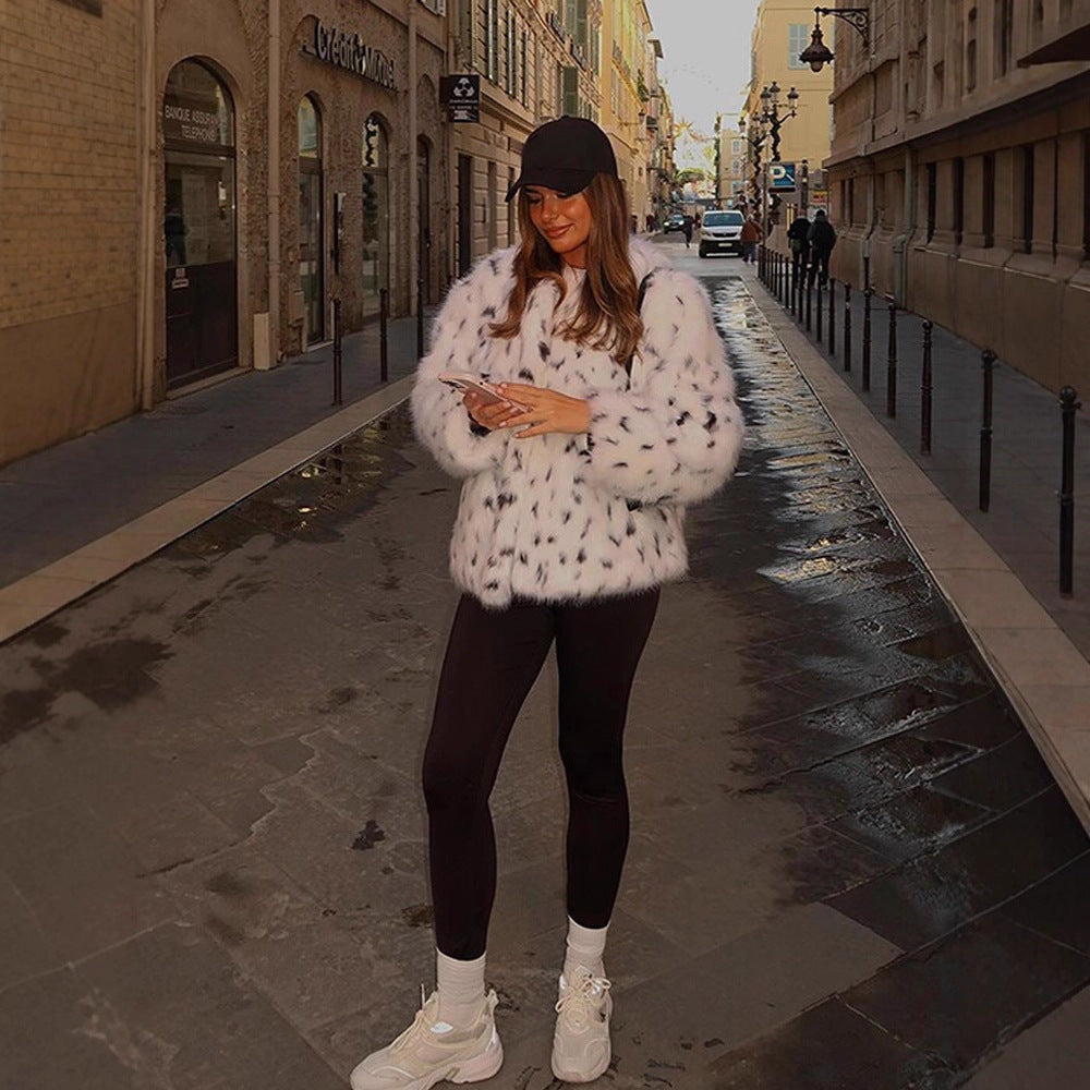 Ladies short-cut cozy faux fur blouson with Dalmatian look and concealed snap button placket Amarae