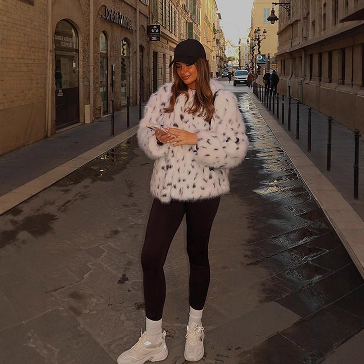 Ladies short-cut cozy faux fur blouson with Dalmatian look and concealed snap button placket Amarae