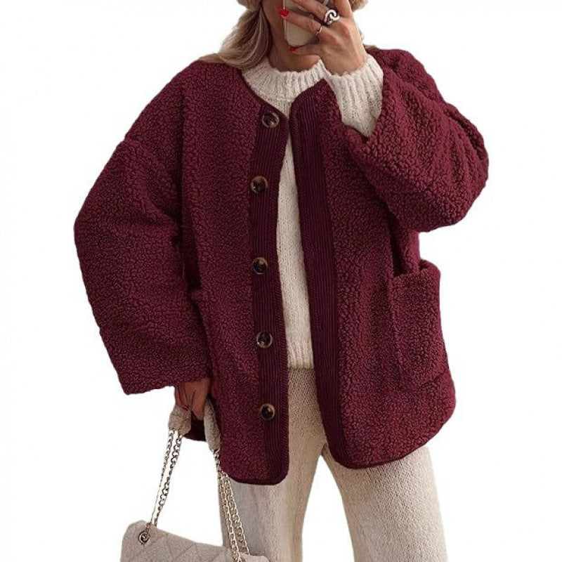 Ladies Cozy Teddy Jacket with Button Closure and Patch Pockets Lune London