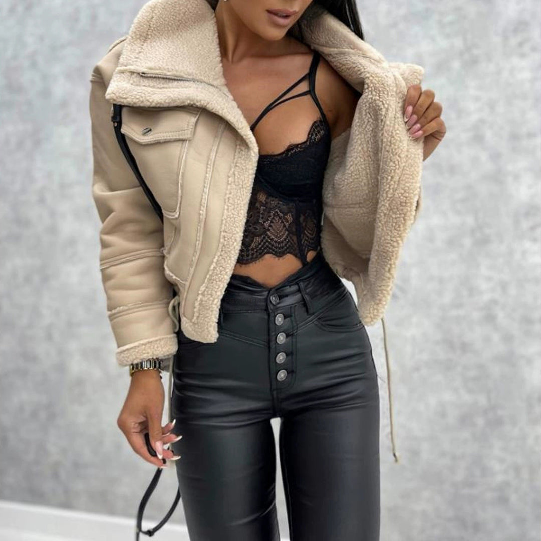 Cropped synthetic leather jacket for women with Teddy fur lining Amarae