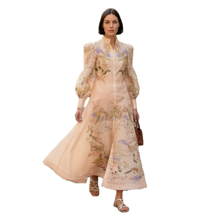 Women's maxi dress with floral print, button placket and voluminous puff sleeves Amarae