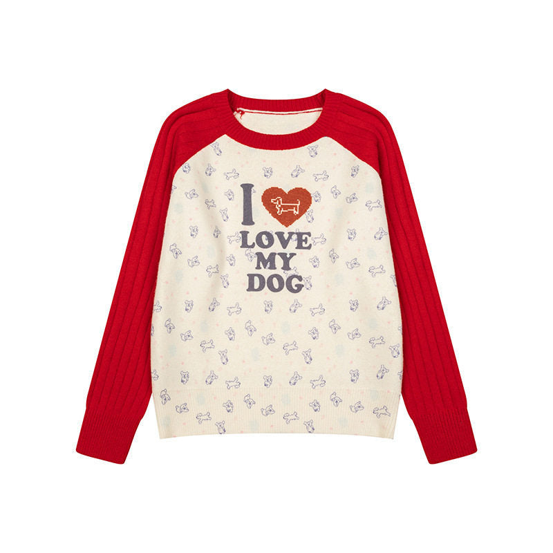 Women's knitted raglan sweater with heart dog motif, ribbed sleeves and all-over print Amarae