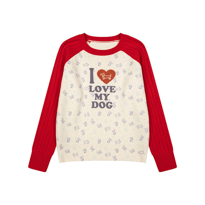 Women's knitted raglan sweater with heart dog motif, ribbed sleeves and all-over print Amarae