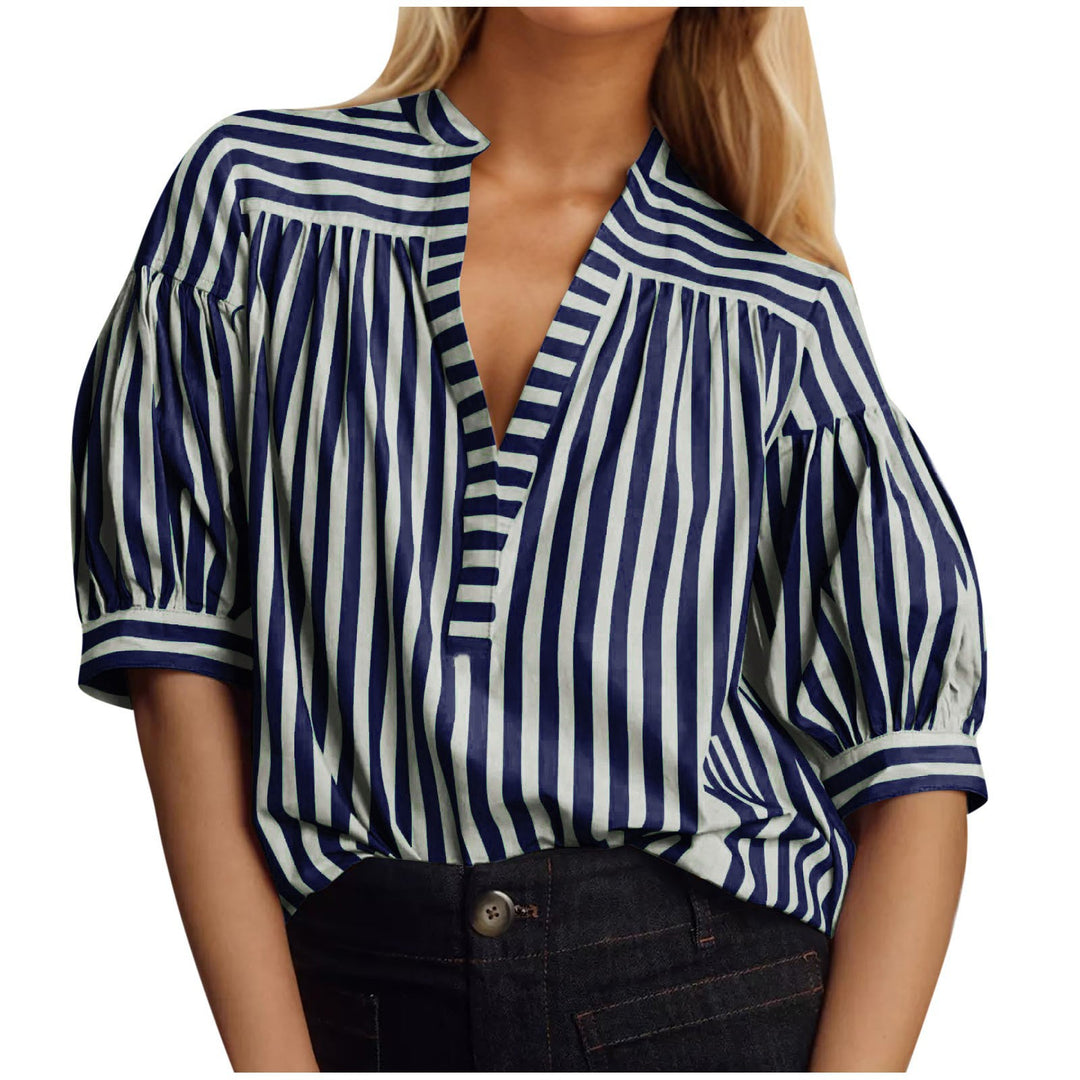 Puff sleeve blouse for ladies with V-neck and striped pattern Lune London