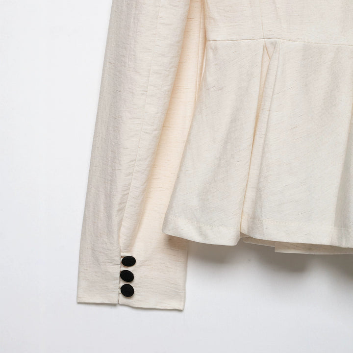 Women Tailored Blazer Jacket with Deep V-Neck, Pleated Peplum and Decorative Button Placket Amarae