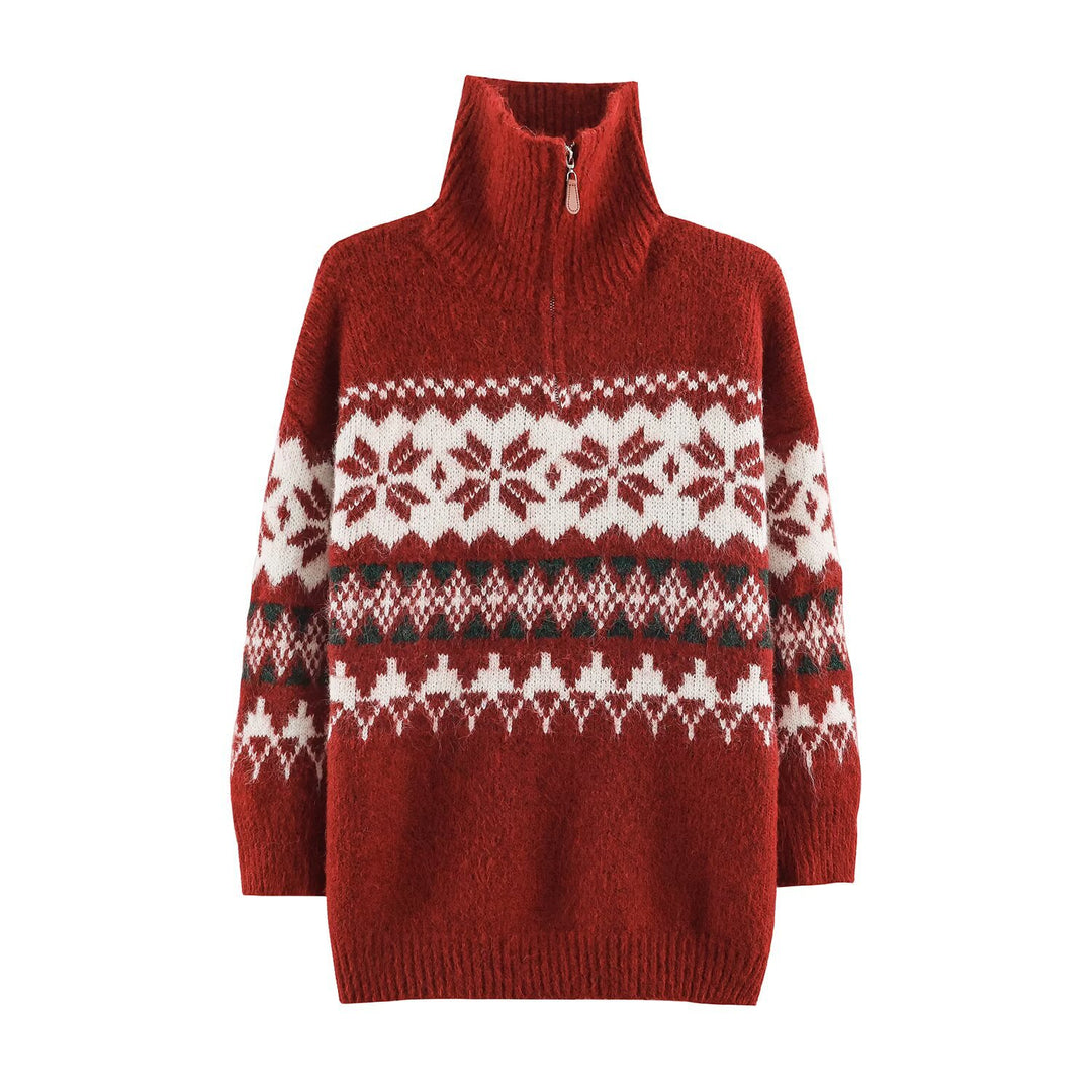 Women's Norwegian Pattern Knit Sweater with Half Zipper and Stand-up Collar Amarae