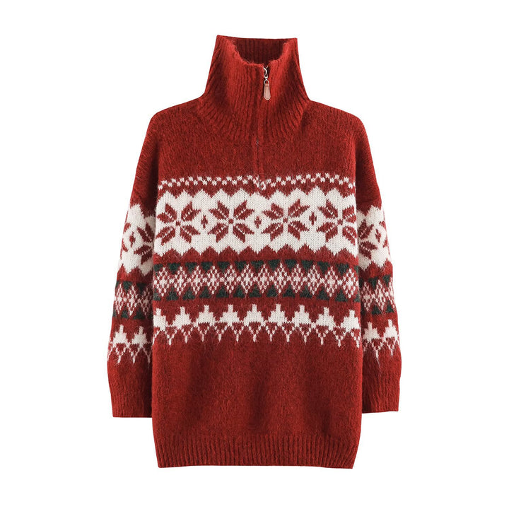 Women's Norwegian Pattern Knit Sweater with Half Zipper and Stand-up Collar Amarae