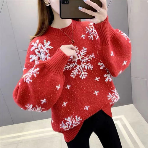 Knit sweater for women with winter pattern and puff sleeves Amarae