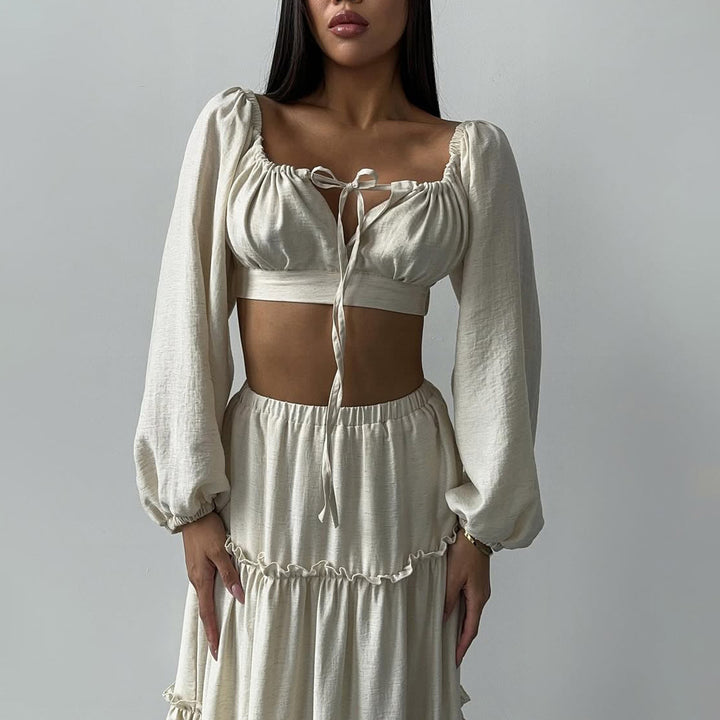 Lune London women's summer crop-top and skirt set with ruffle details