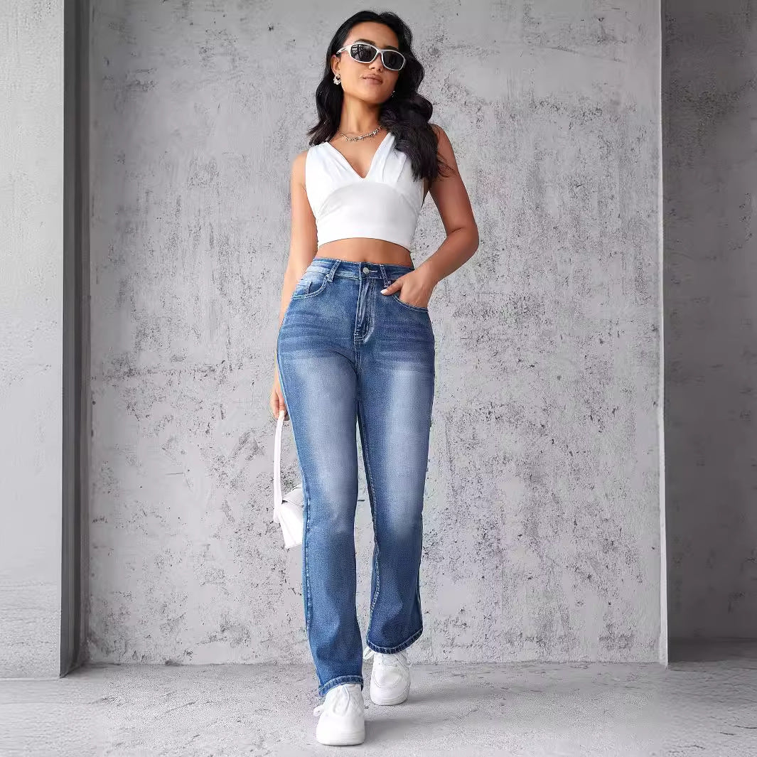 Women High-Waist Stretch Jeans with Cut Hem Lune London