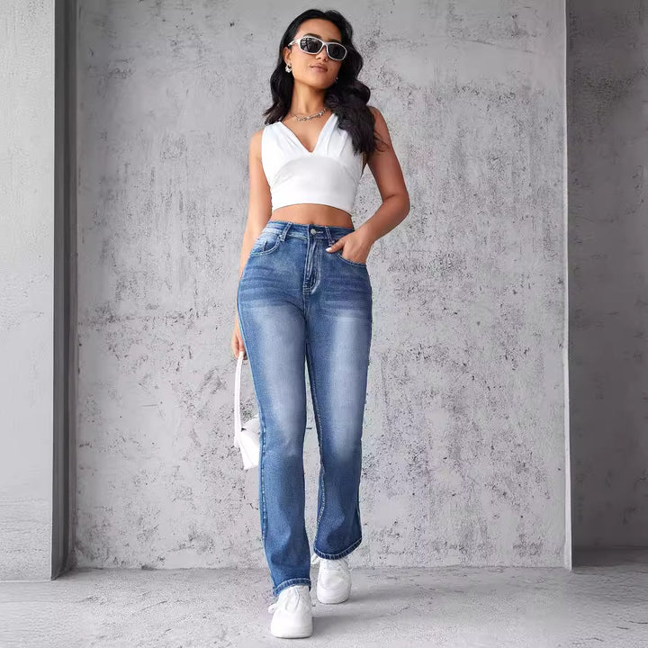 Women High-Waist Stretch Jeans with Cut Hem Lune London