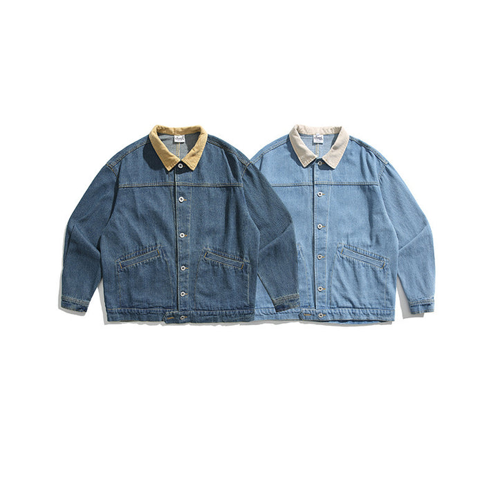 Unisex Boxy Jeans Jacket with Cord Collar, Snap Button Placket and Side Pockets Amarae