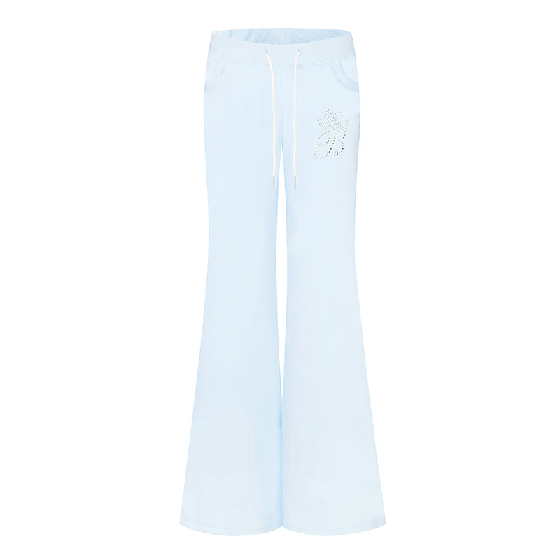 Women Flared Lounge Pants with High Comfort Waistband, Drawstring and Rhinestone Logo Amarae