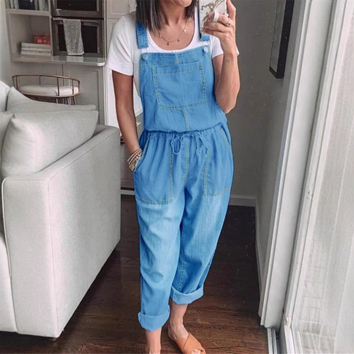Women's Casual Denim Overall with Drawstring Waist and Patch Pockets Amarae