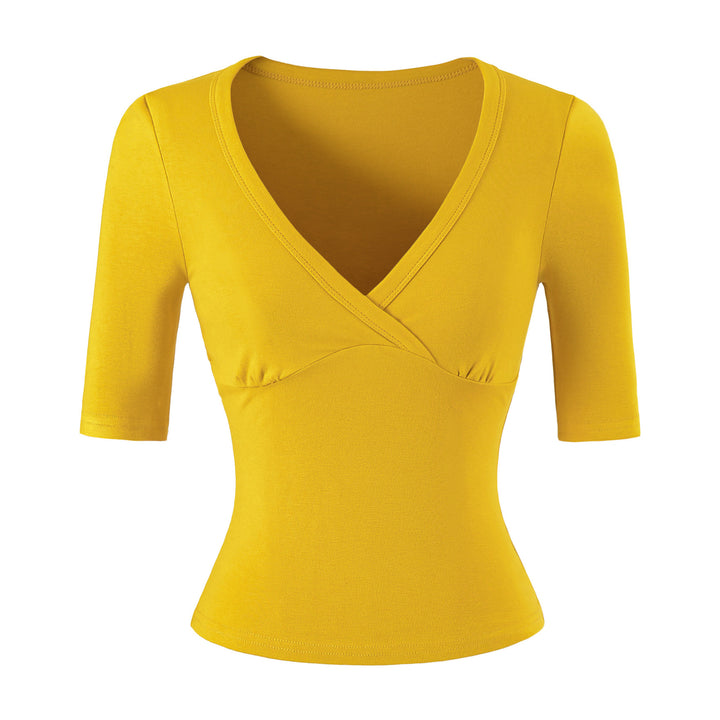 Women's body-hugging wrap shirt with deep V-neck, three-quarter sleeves, and waist accentuation Amarae