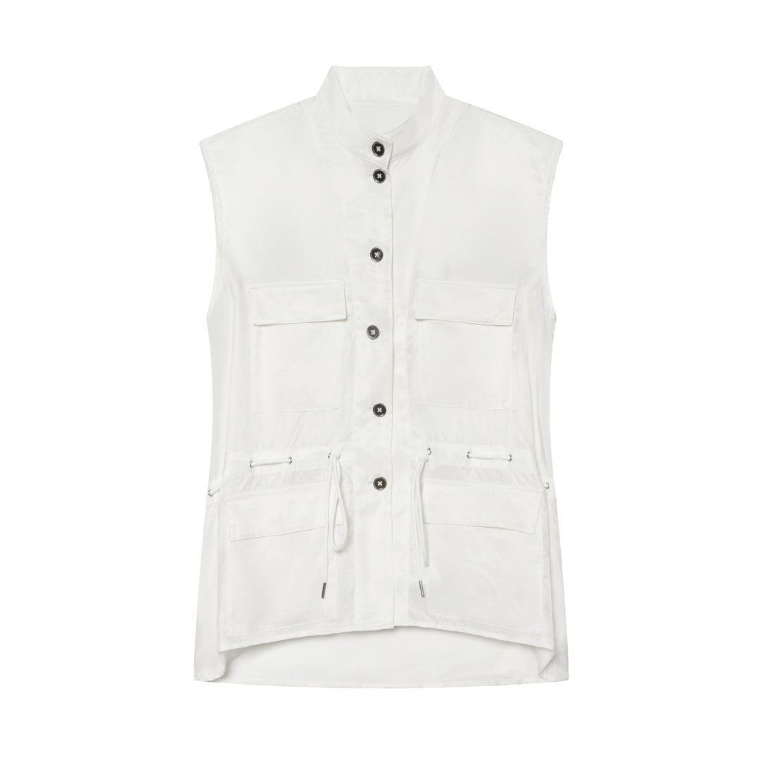 Women's utility vest with stand-up collar, button placket, drawstring, and patch pockets Amarae