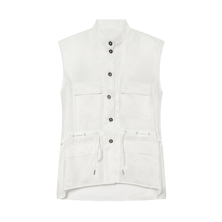 Women's utility vest with stand-up collar, button placket, drawstring, and patch pockets Amarae