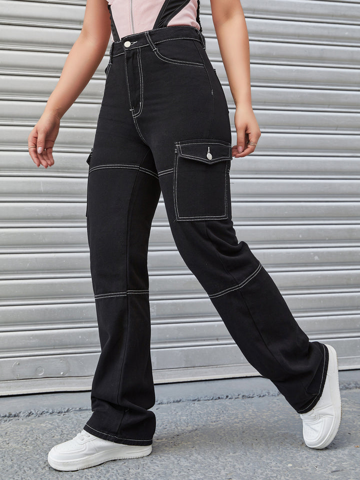 Women's High-Waisted Cargo Pants with Contrast Stitching and Straight Leg Amarae