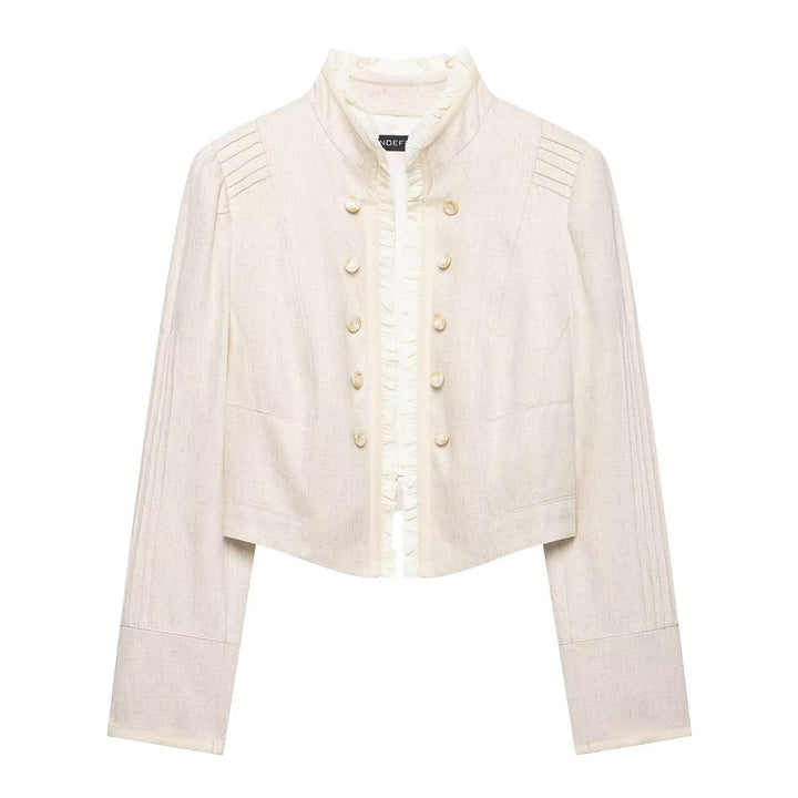 Women Cropped Jacket with Stand Collar, Pleated Sleeves and Ruffle Trim Amarae