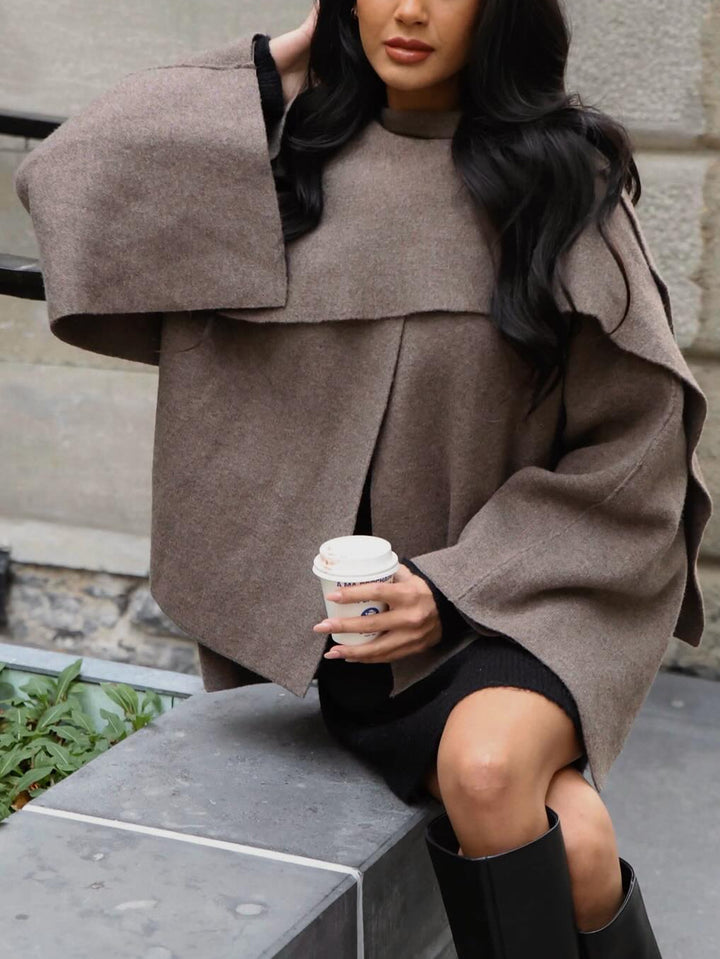 Women's Short Cape Jacket in Layered Look made of Wool Blend with Wide Batwing Sleeve Amarae