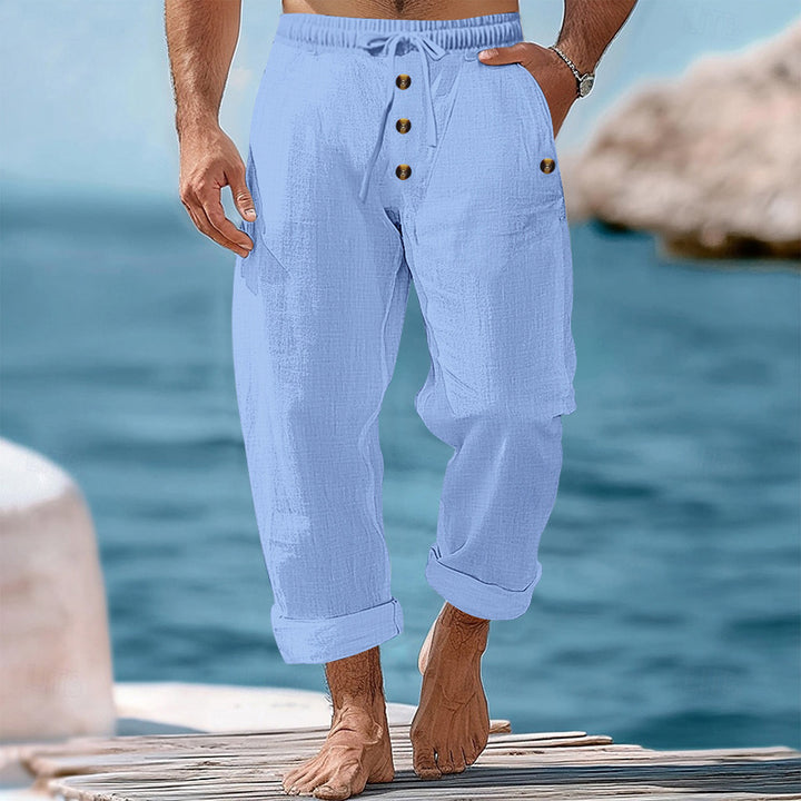 Men's casual beach shorts with elastic waistband and practical button details Lune London
