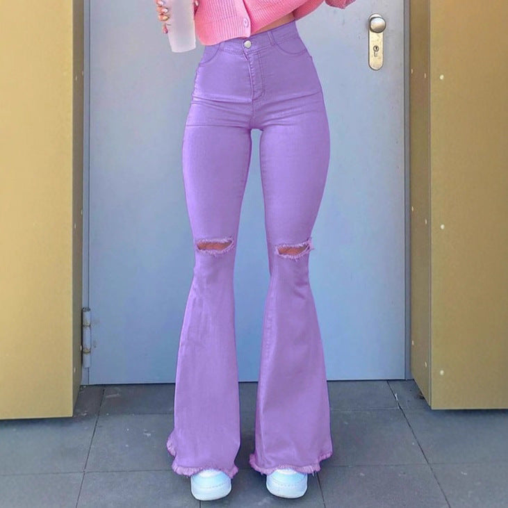 Women High-Rise Stretch Flared Jeans with Knee Rips, Flared Leg and Raw Hem Amarae