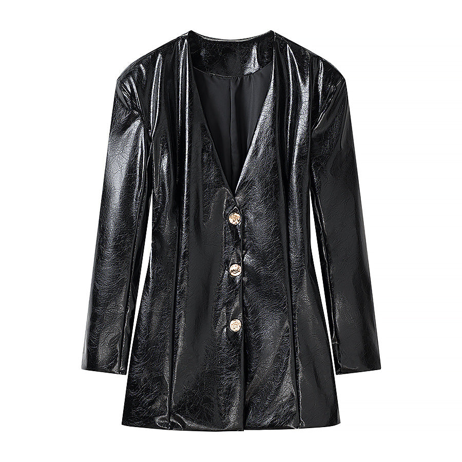 Women Short Faux Patent Leather Skirt with Straight Silhouette and Center Seam Amarae