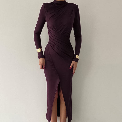 Long sleeve maxi dress for women with an elegant draped detail and a high collar Amarae