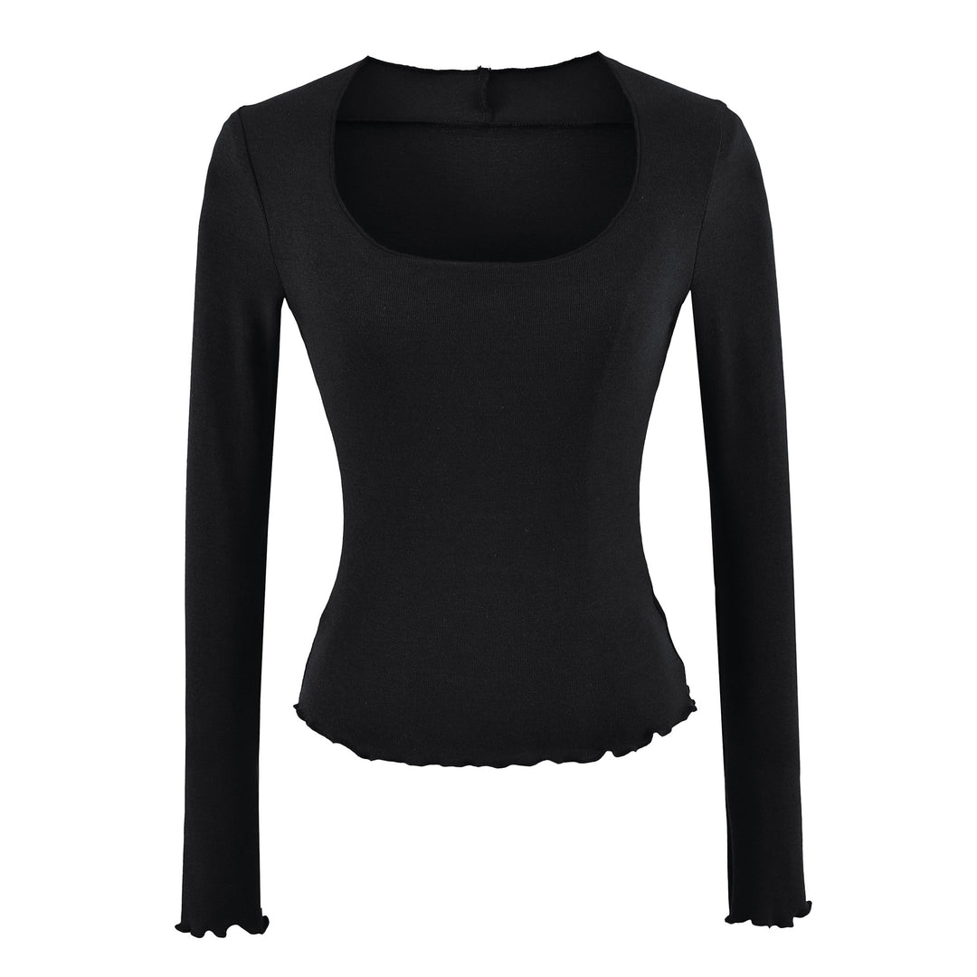 Women Fitted Long Sleeve Fine Knit Top with Square Neckline and Wave Hem Amarae
