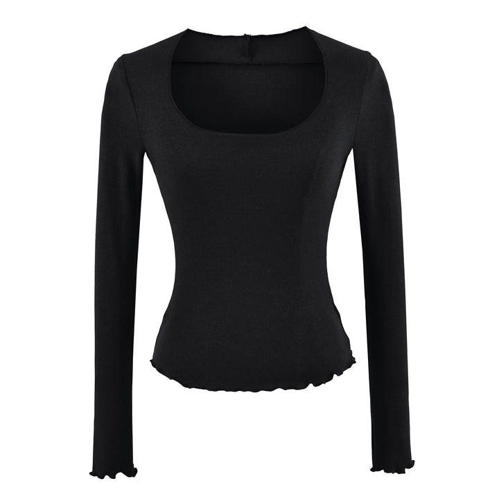 Women Fitted Long Sleeve Fine Knit Top with Square Neckline and Wave Hem Amarae