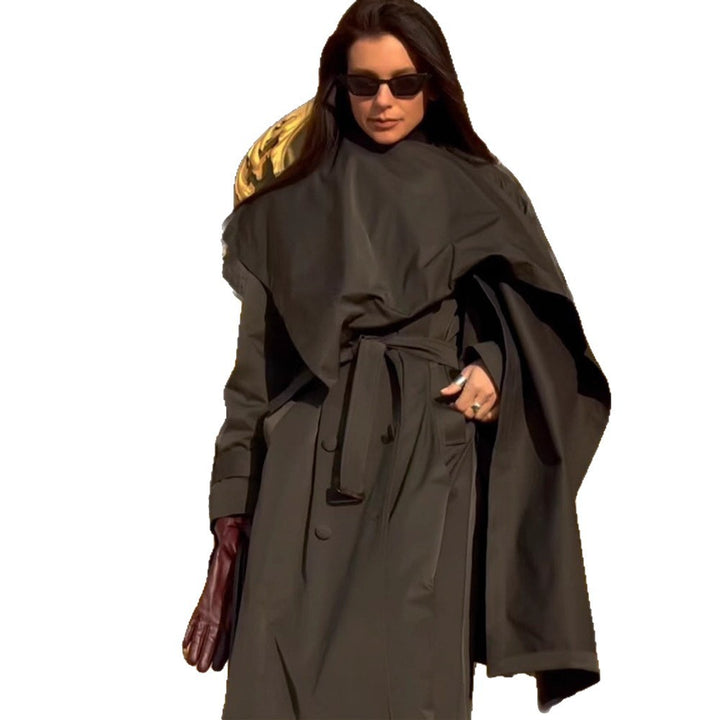 Women's Mid-Length Trench Coat with Poncho-Like Cape Overlay & Boxy Silhouette Amarae