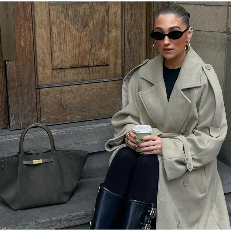 Women's Oversize Maxi Cocoon Coat made of Wool Blend with Extra Long Cuffs and Wide Shawl Collar Amarae