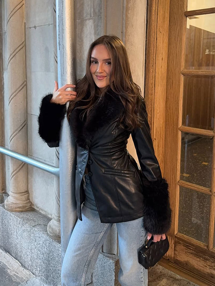 Women's Tailored Faux Leather Midi Coat with Wiener Seams, Voluminous Faux Fur Shawl Collar & Fur Cuffs Amarae