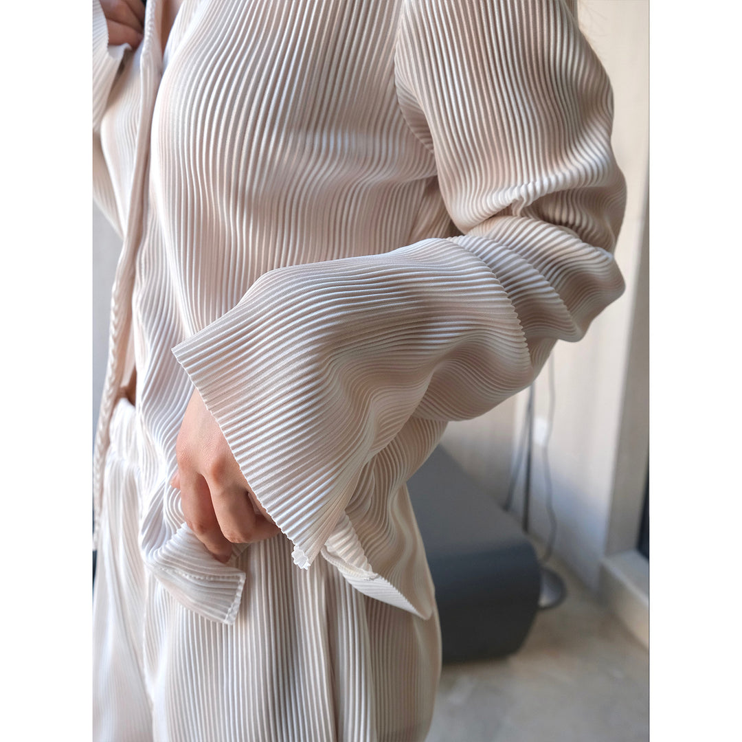 Women's Ribbed Pleated Shirt Blouse with V-Neck and Button Placket Amarae