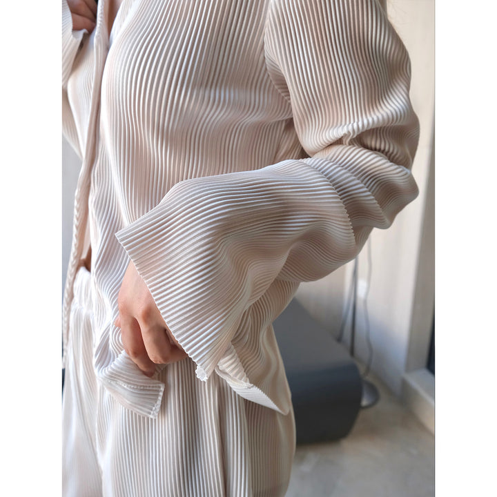 Women's Ribbed Pleated Shirt Blouse with V-Neck and Button Placket Amarae