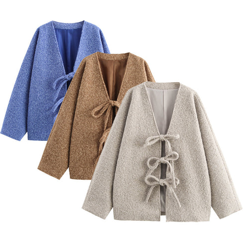 Oversized wool coat for women with decorative bow details Amarae